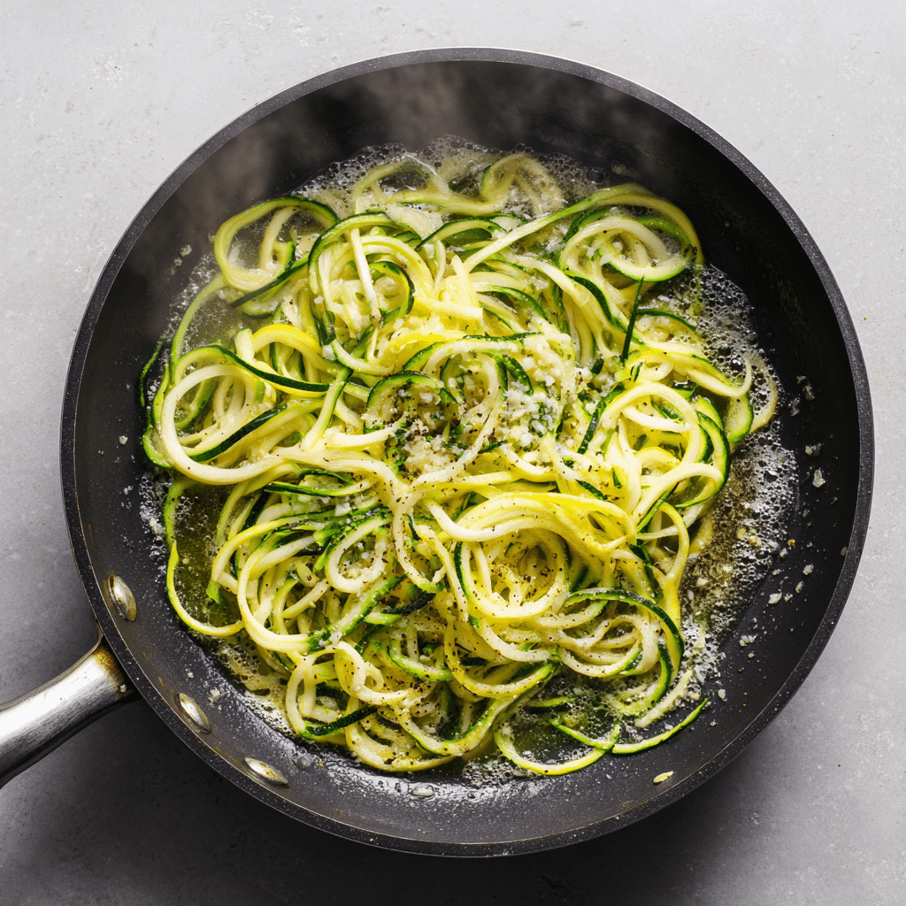 zucchini noodles cooking in skillet