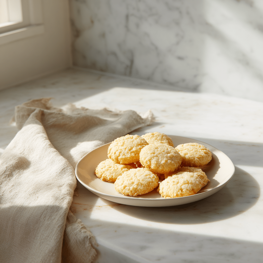 Bright gluten-free shortbread cookies on marble plate
