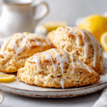 Freshly baked gluten free lemon scones with lemon glaze on a ceramic plate