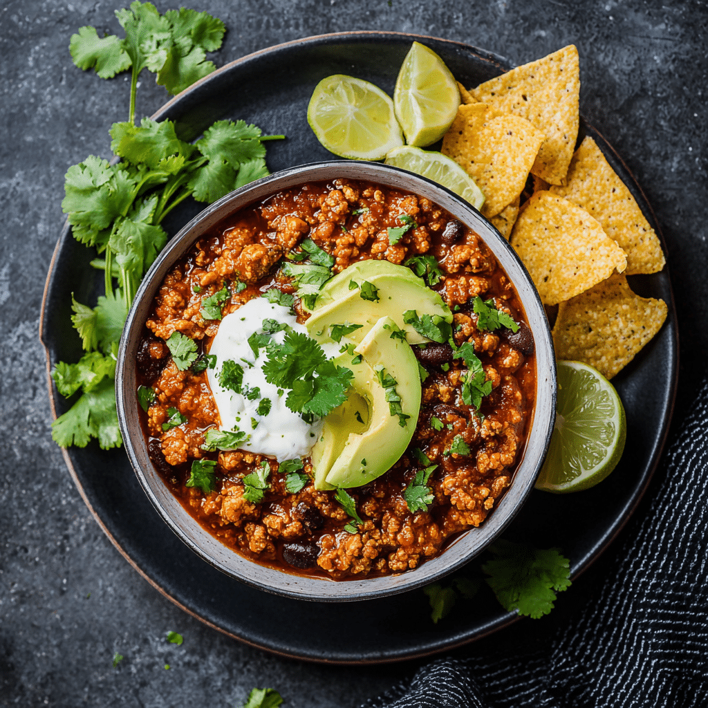 Served turkey chili bowl with toppings