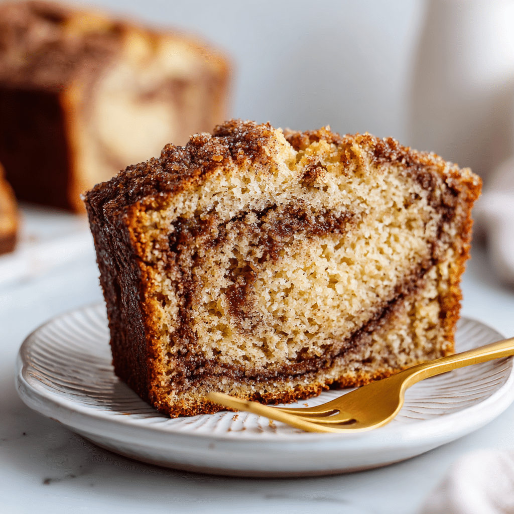 A slice of cinnamon swirl banana bread with a gold fork on a white plate in a bright kitchen.