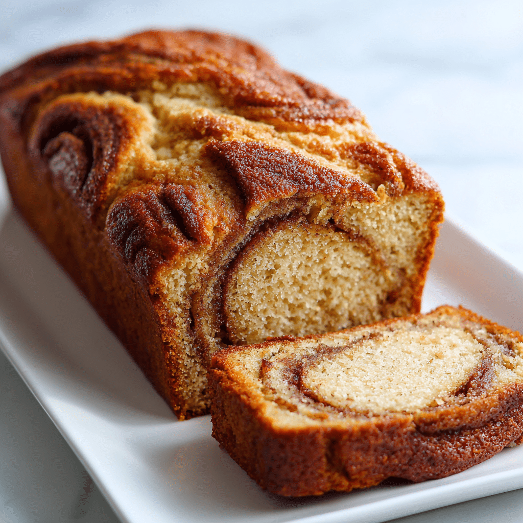 Gluten-free, dairy-free cinnamon swirl banana bread sliced on a white plate in a bright kitchen.