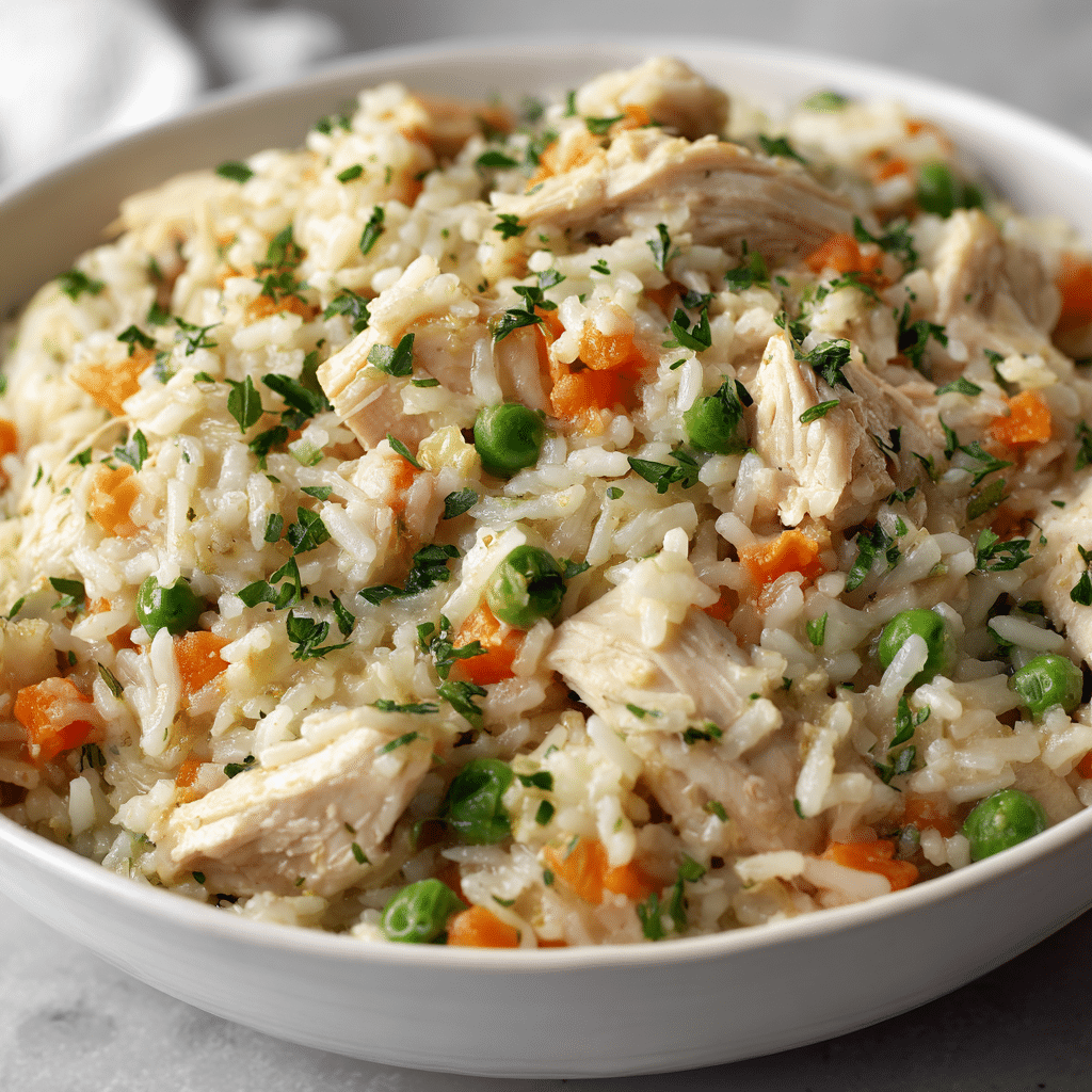 Close-up bowl of gluten-free one-pot chicken and rice with peas and parsley