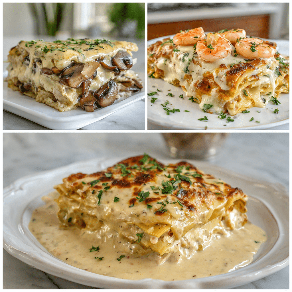 Collage of gluten free lasagna variations with mushrooms, shrimp, and dairy-free options
