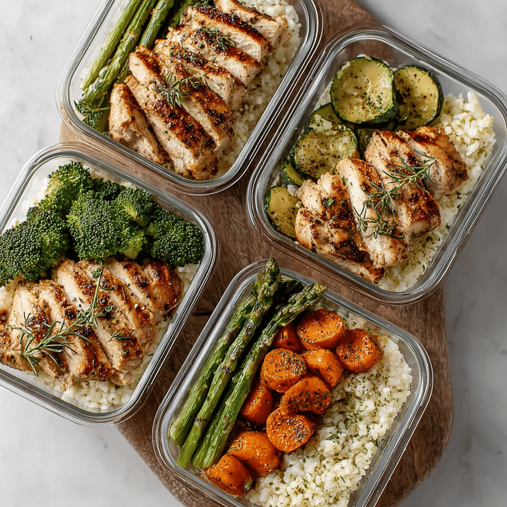 Easy Chicken and Veggie Lunch Boxes with broccoli, carrots, zucchini, and asparagus
