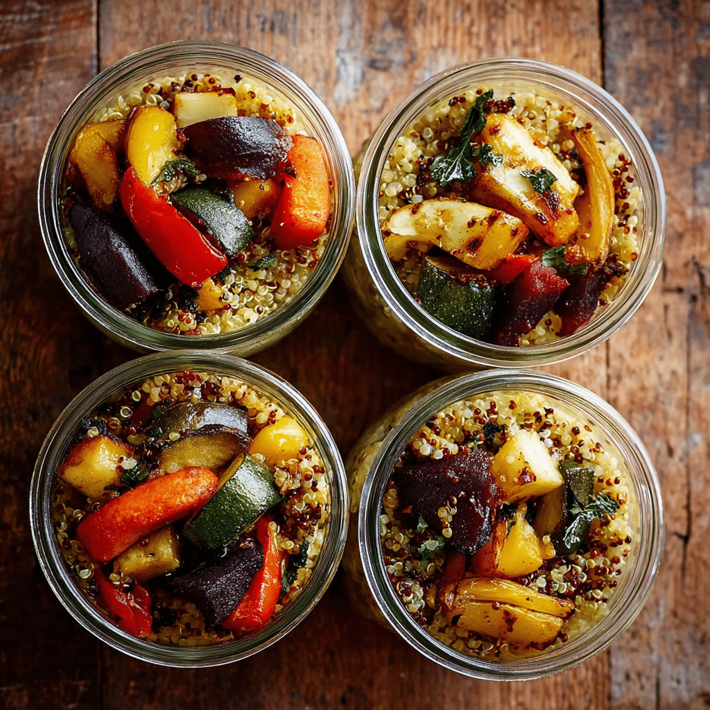 Quinoa and Roasted Veggie Salad Jars with colorful roasted vegetables