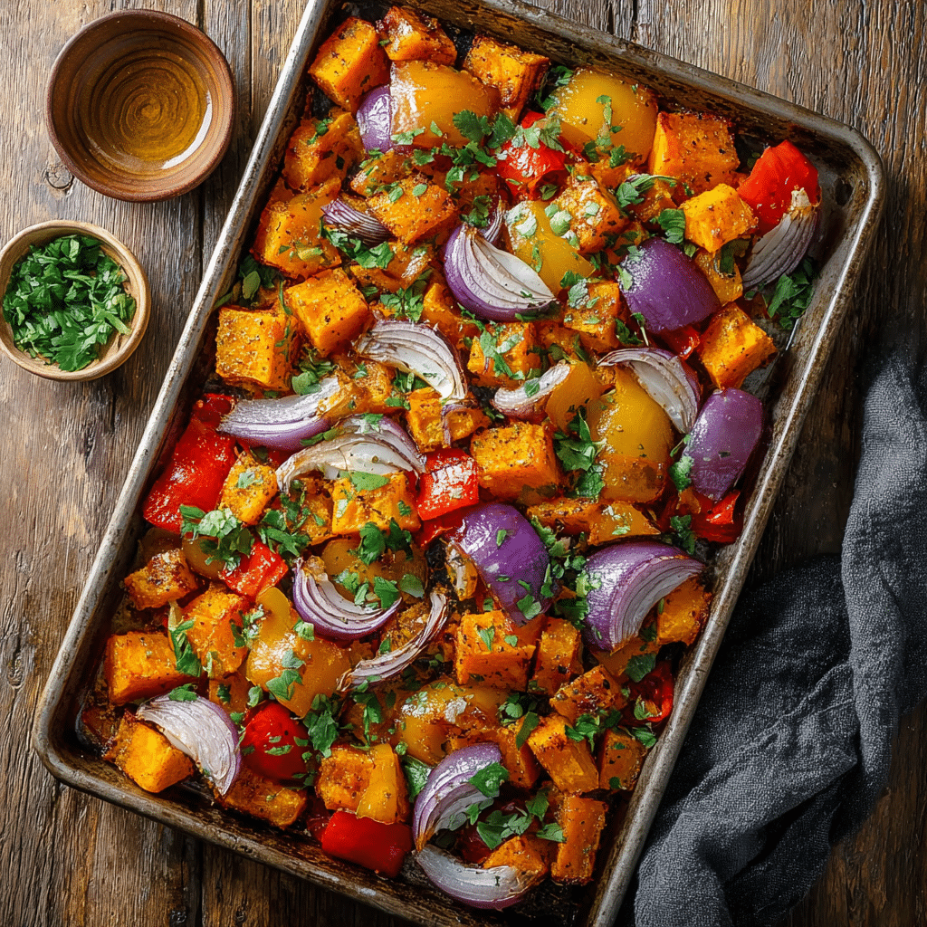 Sheet pan roasted sweet potatoes, peppers, and red onions for gluten-free breakfast meal prep