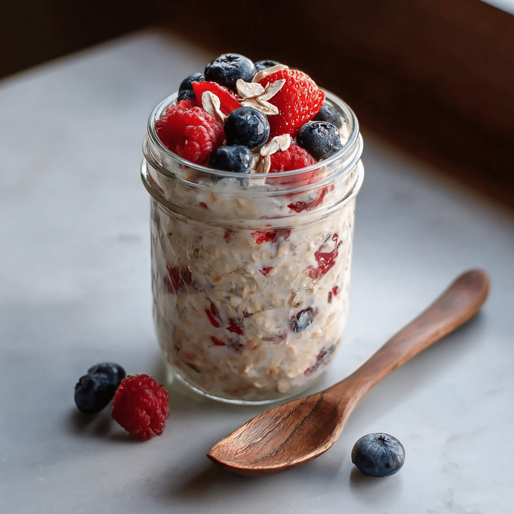 Berry overnight oats in a mason jar with strawberries, raspberries, and blueberries