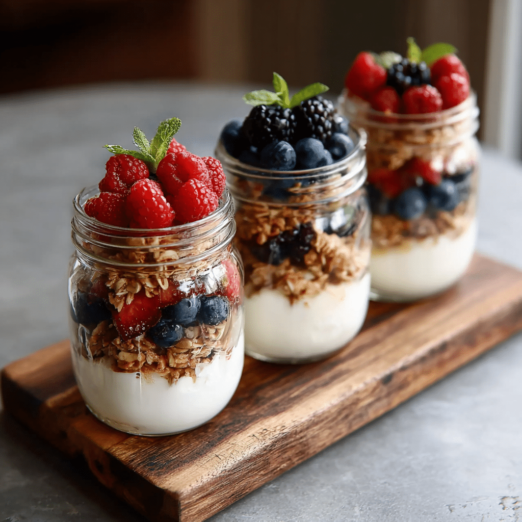Gluten-free yogurt parfait jars with granola, berries, and mint leaves