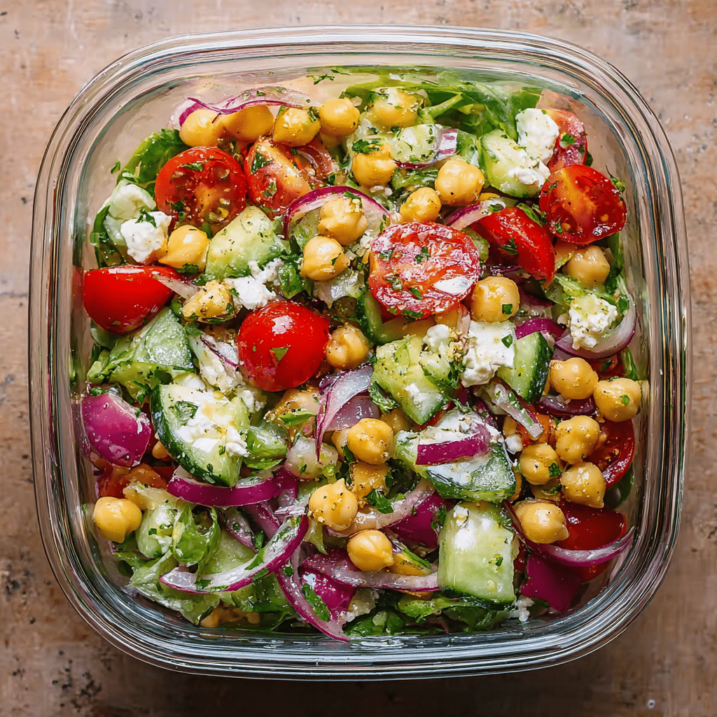 Mediterranean Chickpea Salad Meal Prep with cucumbers, tomatoes, red onions, and feta
