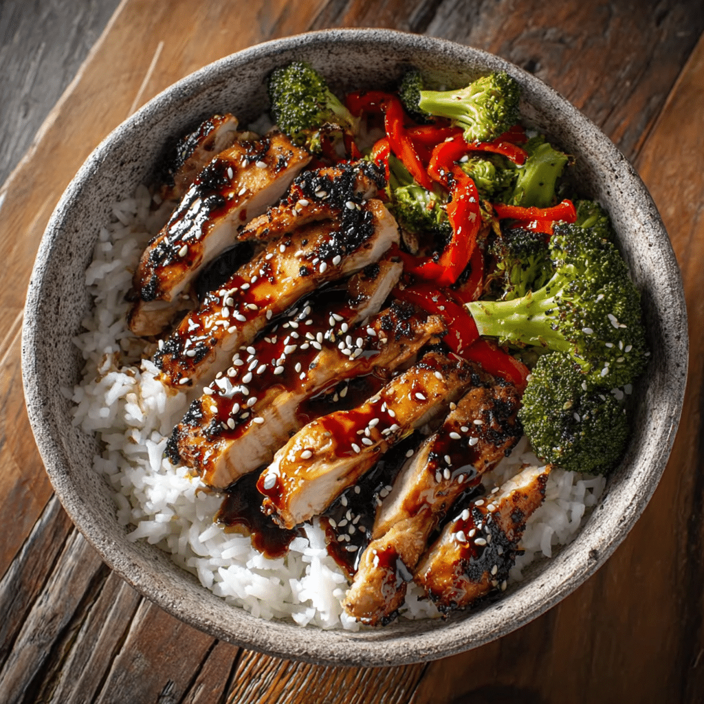 Teriyaki Chicken and Vegetable Bowls with rice, broccoli, and bell peppers