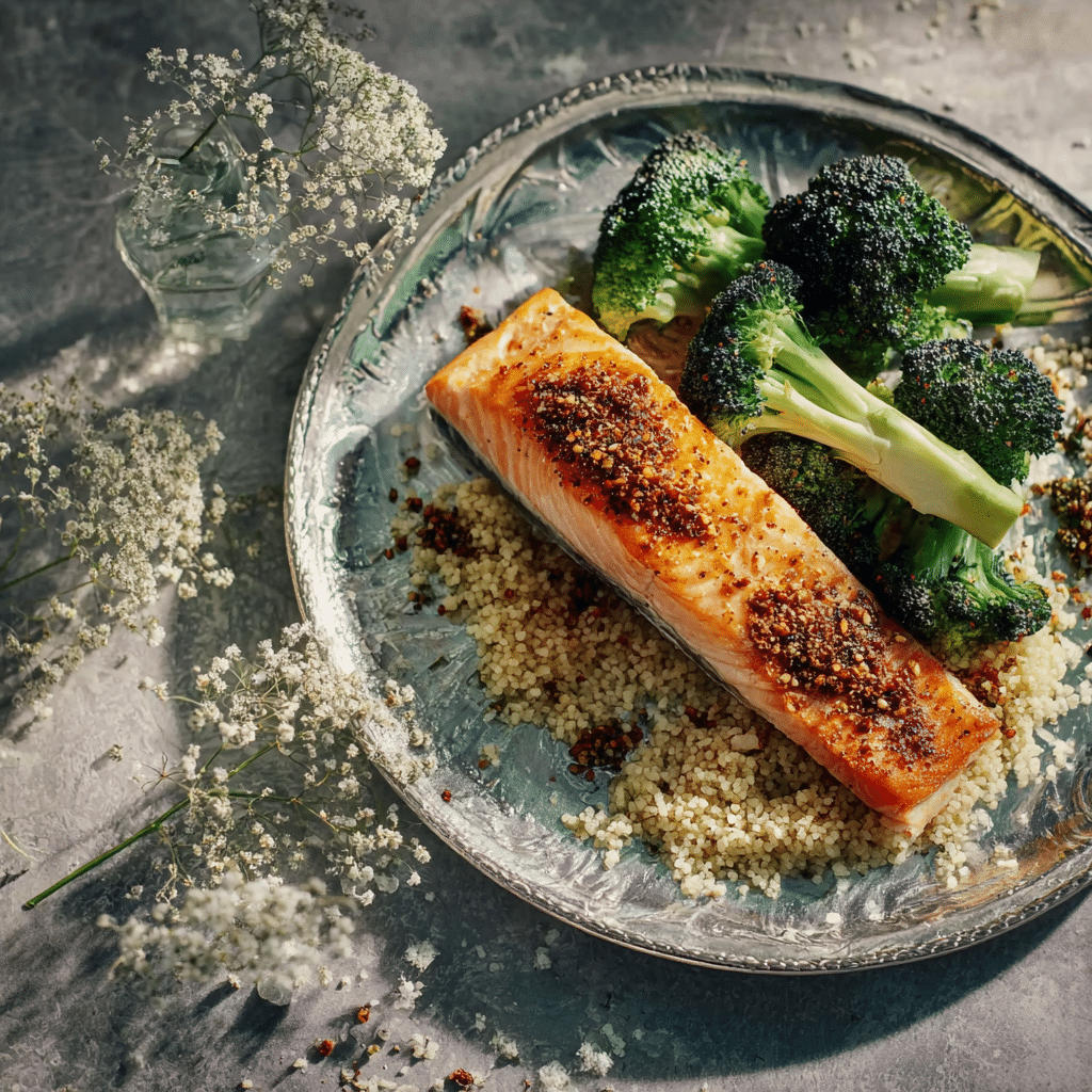 Roasted Salmon with Broccoli and Quinoa served on a silver plate