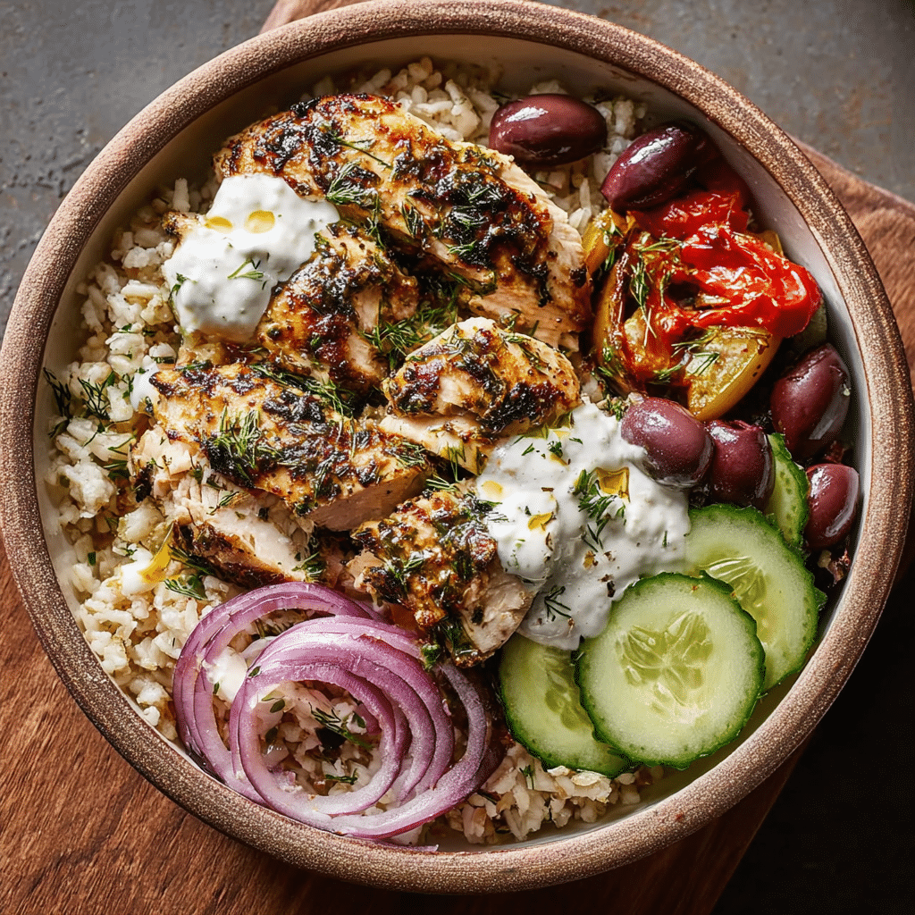 Greek Chicken Bowls with Brown Rice, cucumbers, olives, and tzatziki