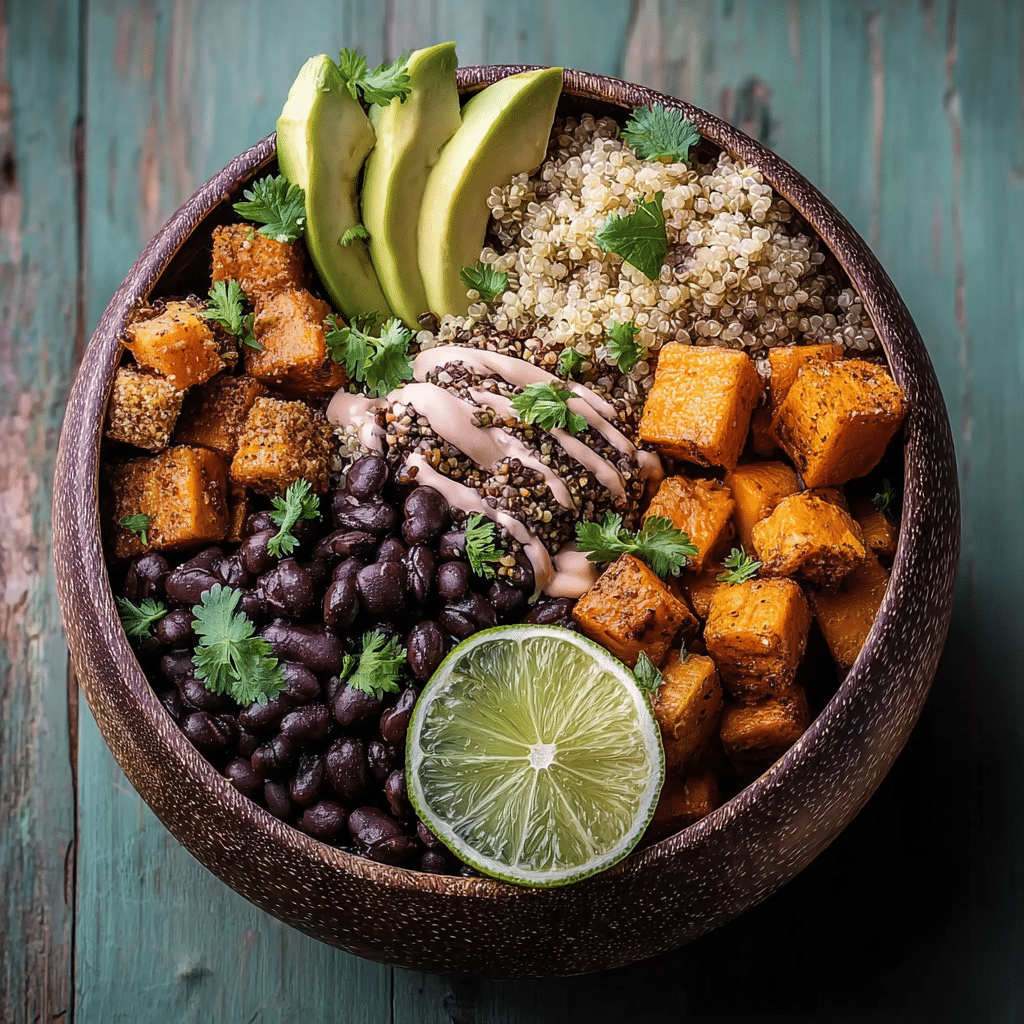 Sweet Potato and Black Bean Bowls with quinoa, avocado, and lime