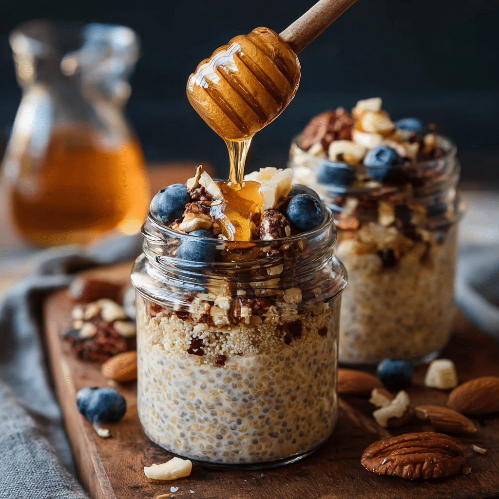 Gluten-free quinoa breakfast jar with banana, blueberries, and honey drizzle