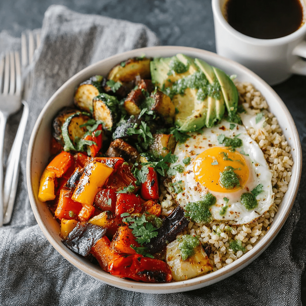 Gluten-free veggie breakfast bowl with roasted vegetables, brown rice, and avocado