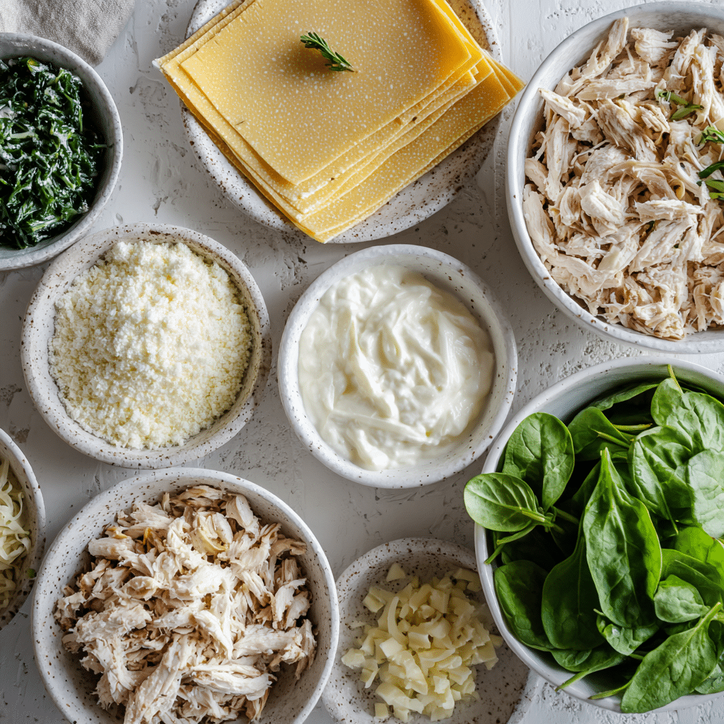 Flat lay of gluten free noodles, garlic, shredded chicken, ricotta, spinach, and cheese on a counter