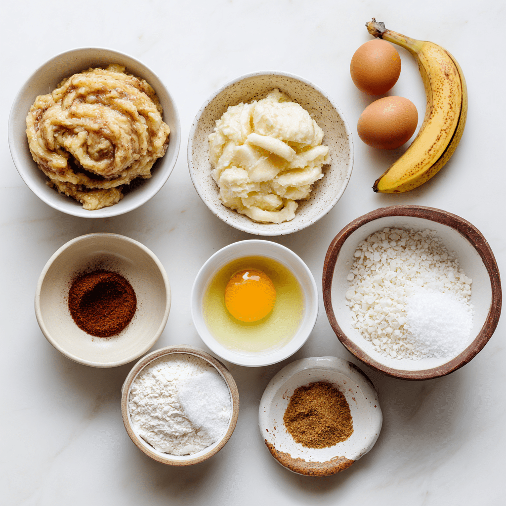 Flat lay of ingredients for cinnamon swirl banana bread on a white kitchen counter.