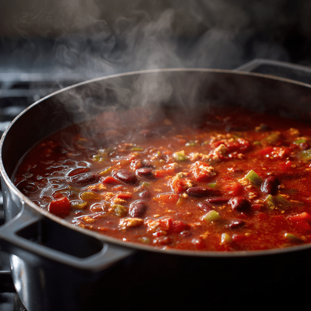 Simmering turkey chili in pot