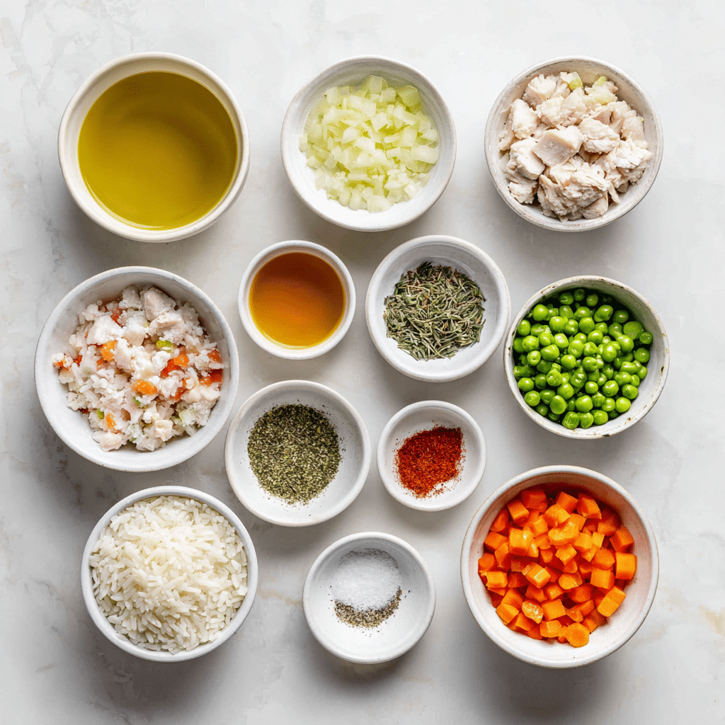 Measured ingredients for chicken and rice laid out on a white surface