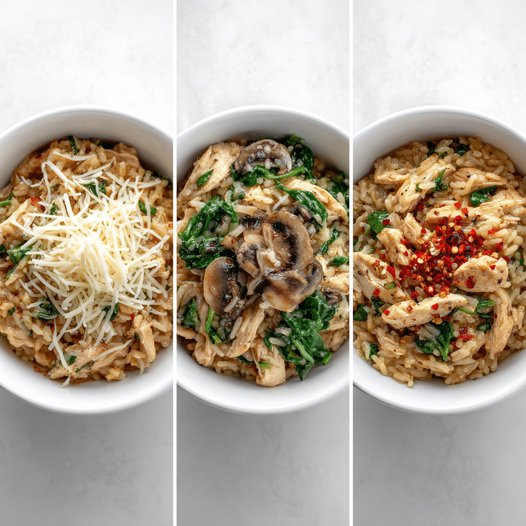 Three bowls showing different twists: cheesy finish, veggie-packed, and spicy