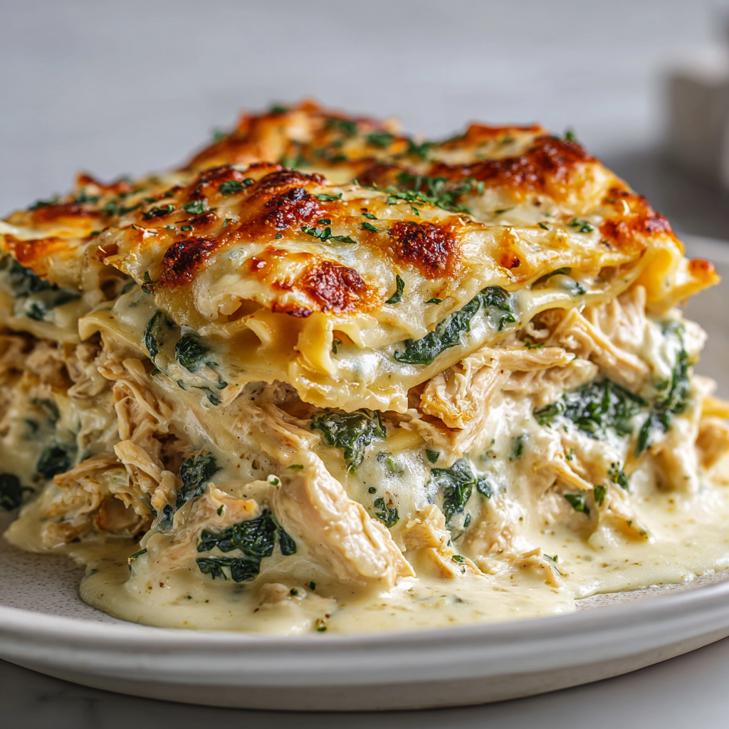 Close-up of creamy gluten free garlic chicken lasagna with melted cheese