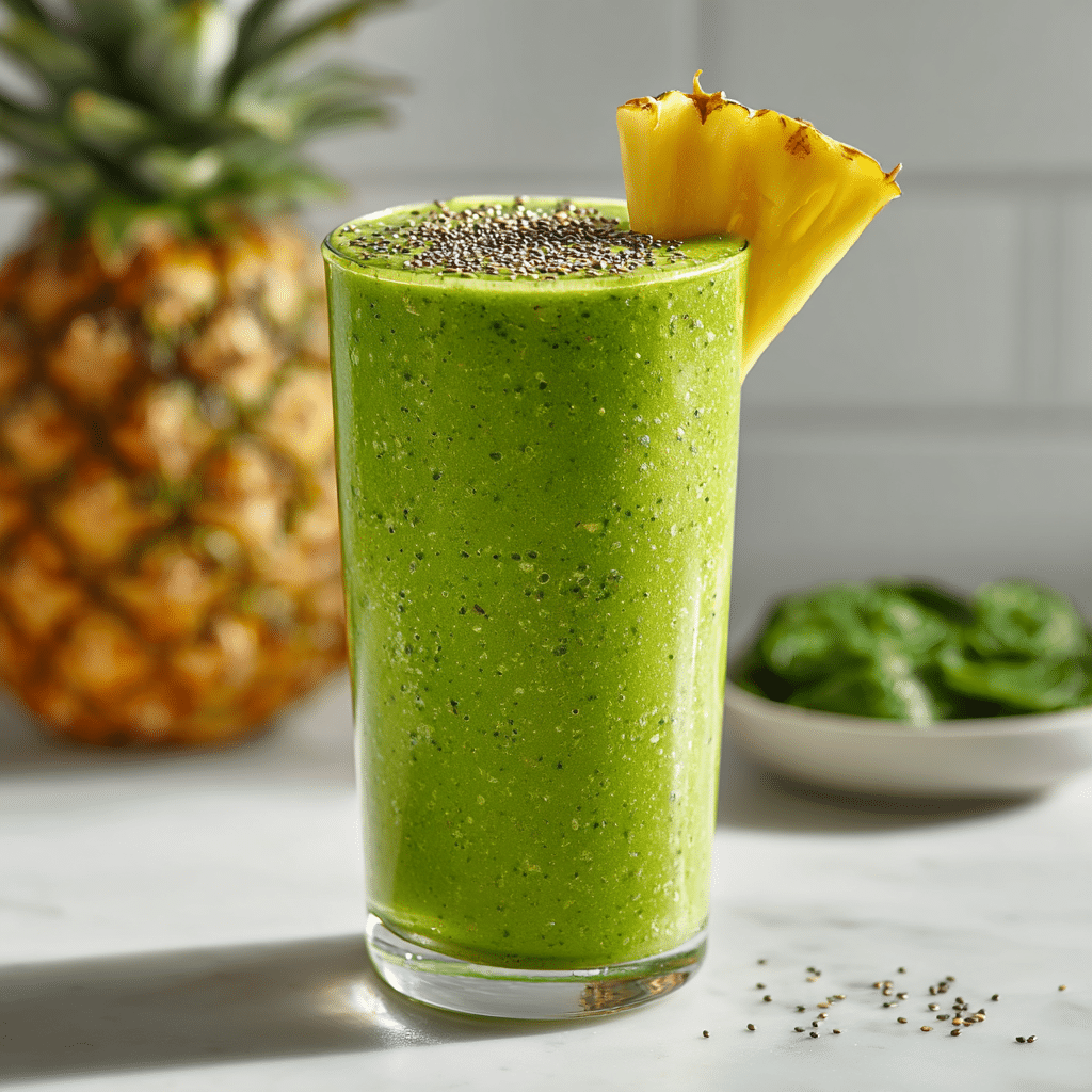 Vibrant green smoothie with spinach, mango, pineapple, and chia seeds on a white counter.