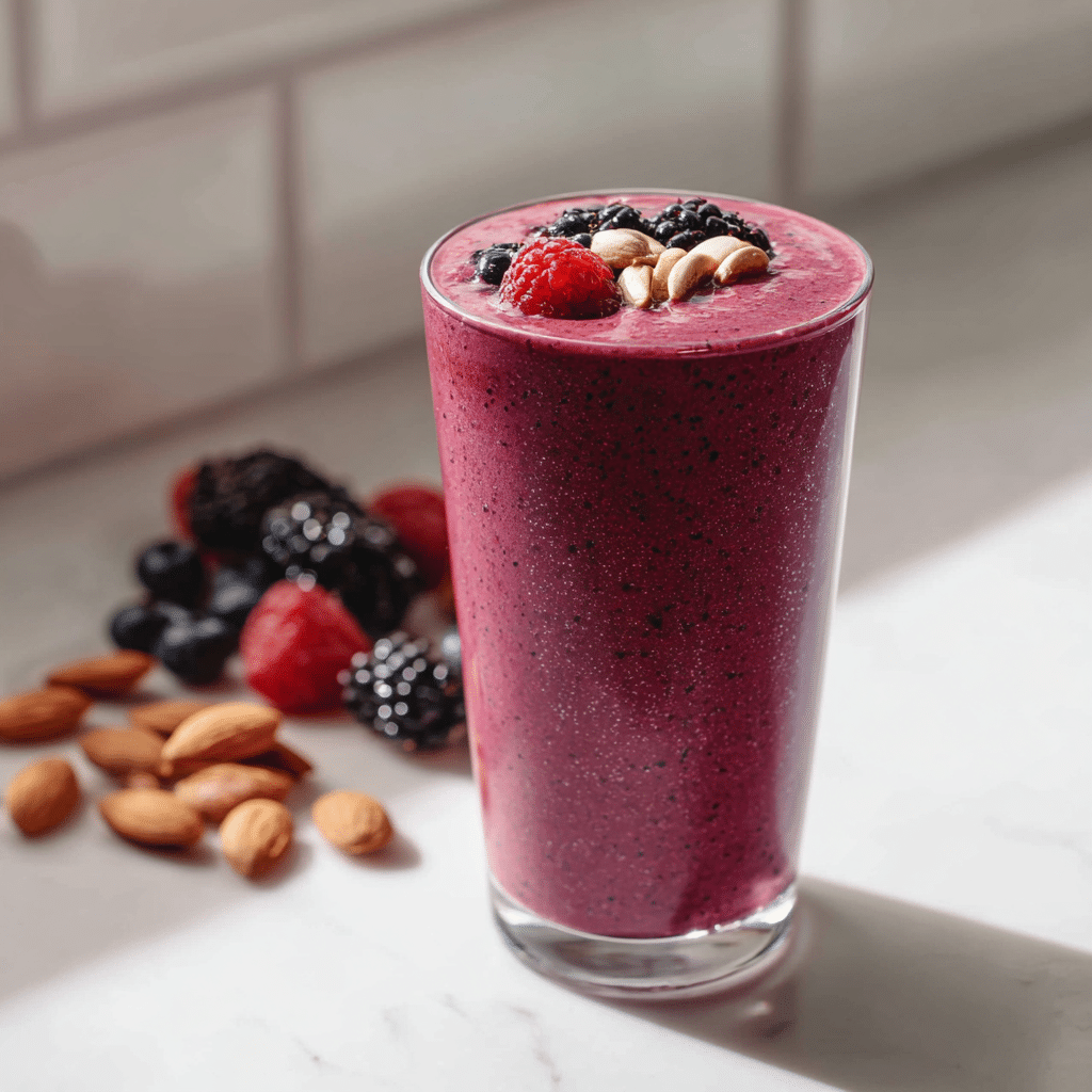 Deep pink berry almond smoothie topped with whole berries and almond slivers.