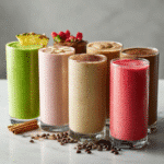 Seven colorful high-protein smoothies lined up on a white kitchen counter.