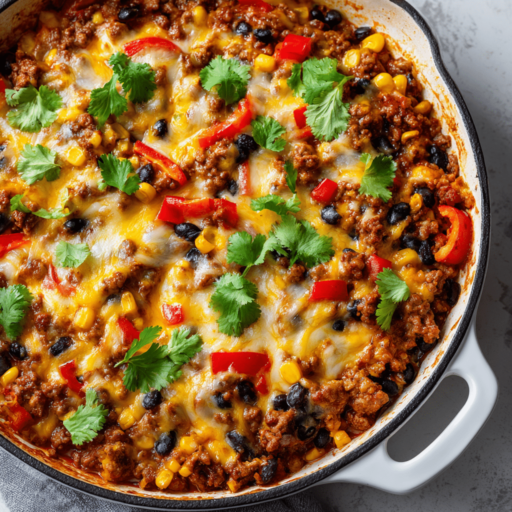 Ground Beef Enchilada Skillet in a white skillet with melted cheese, colorful vegetables, and cilantro garnish.