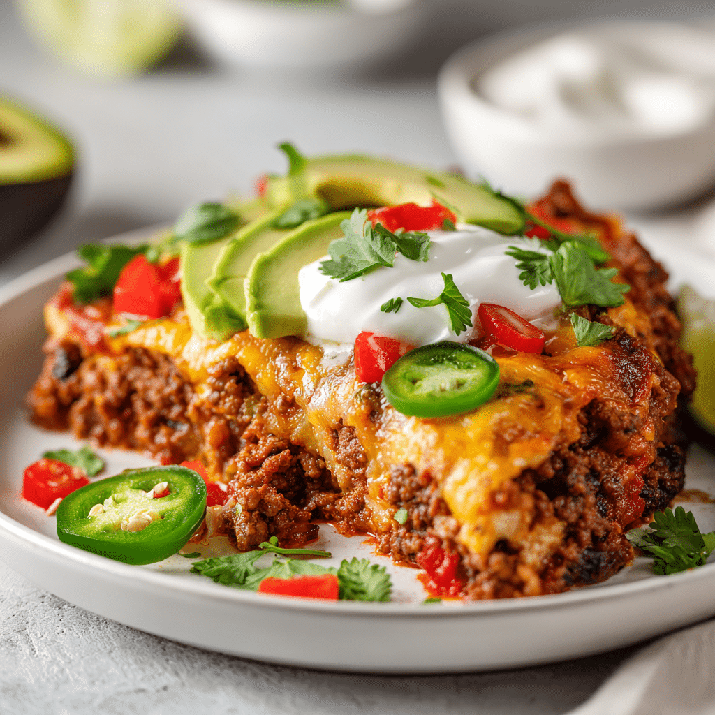 Ground beef enchilada skillet with avocado slices, jalapeños, and sour cream.