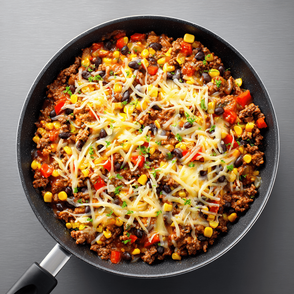 Cooking ground beef enchilada skillet with cheese melting in a skillet.