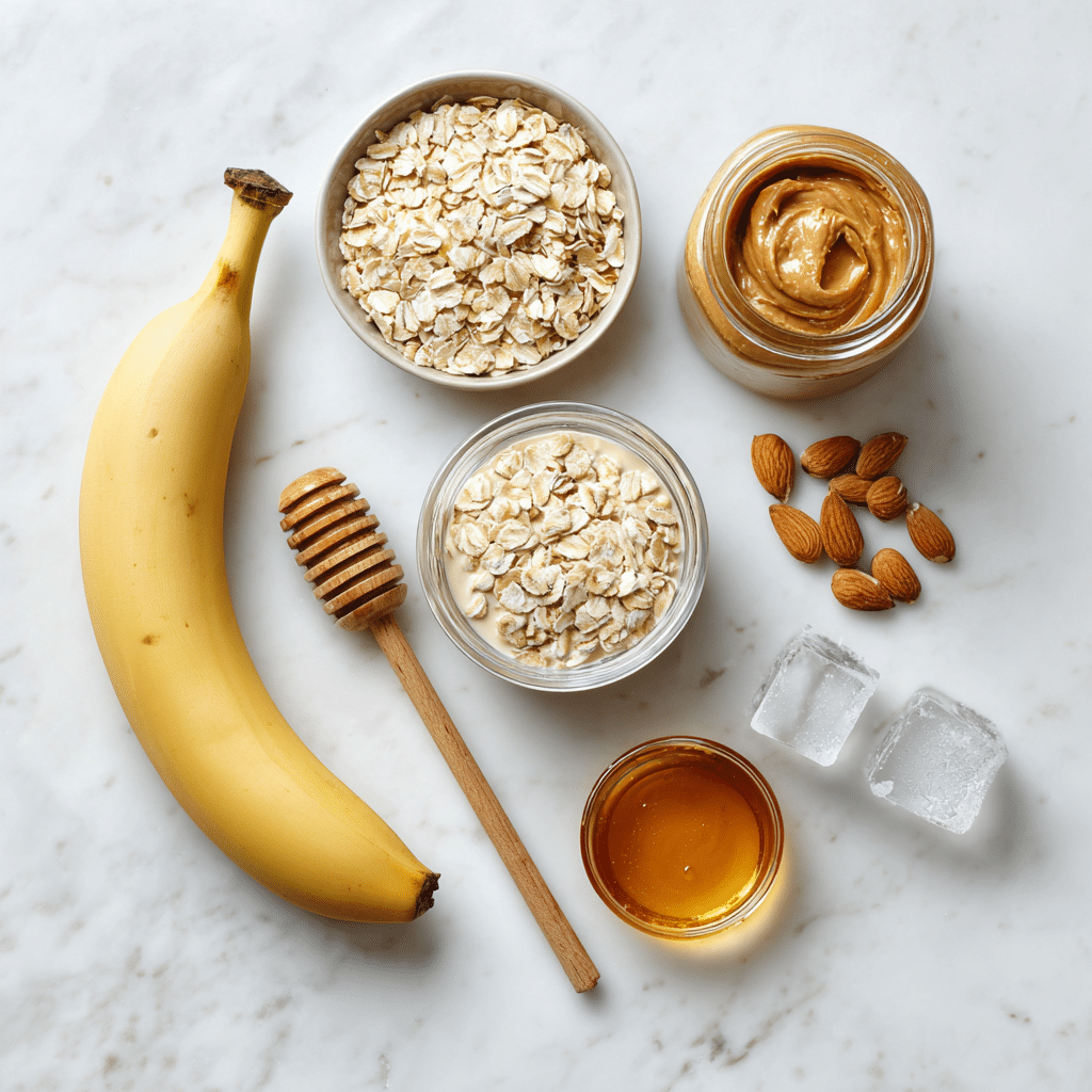 Overhead view of Peanut Butter Oatmeal Smoothie for Weight Loss ingredients on a white marble surface.