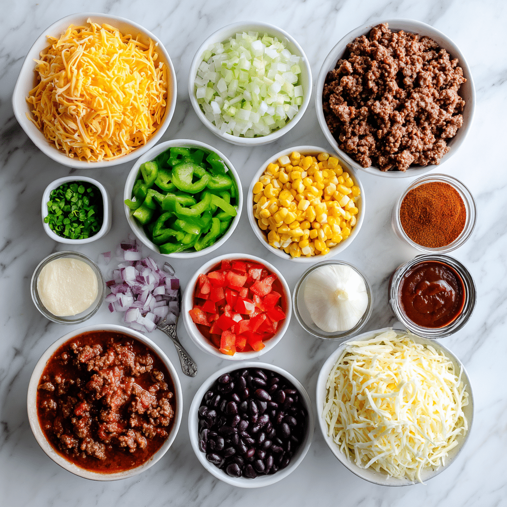 Ingredients for gluten-free ground beef enchilada skillet arranged on a kitchen counter.