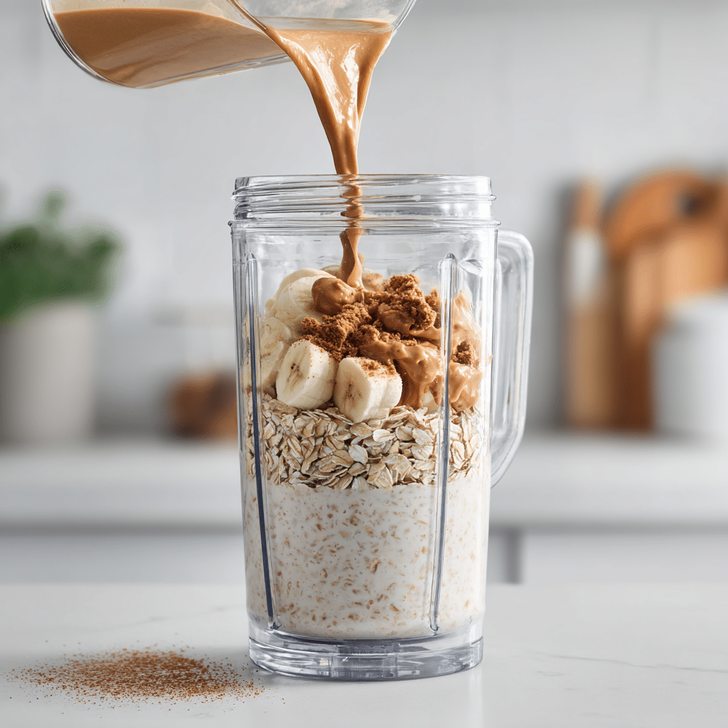 Blender jar with Peanut Butter Oatmeal Smoothie for Weight Loss ingredients being prepared in a bright kitchen.
