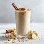 Peanut Butter Oatmeal Smoothie for Weight Loss in a tall glass with cinnamon stick and banana slices on a white kitchen counter.