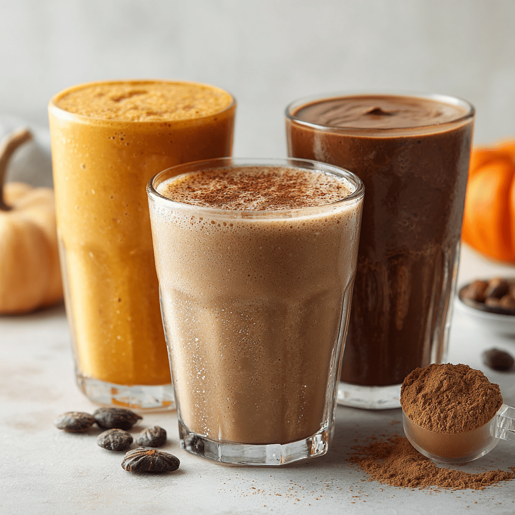 Three variations of Peanut Butter Oatmeal Smoothie for Weight Loss displayed on a white countertop in a bright kitchen.