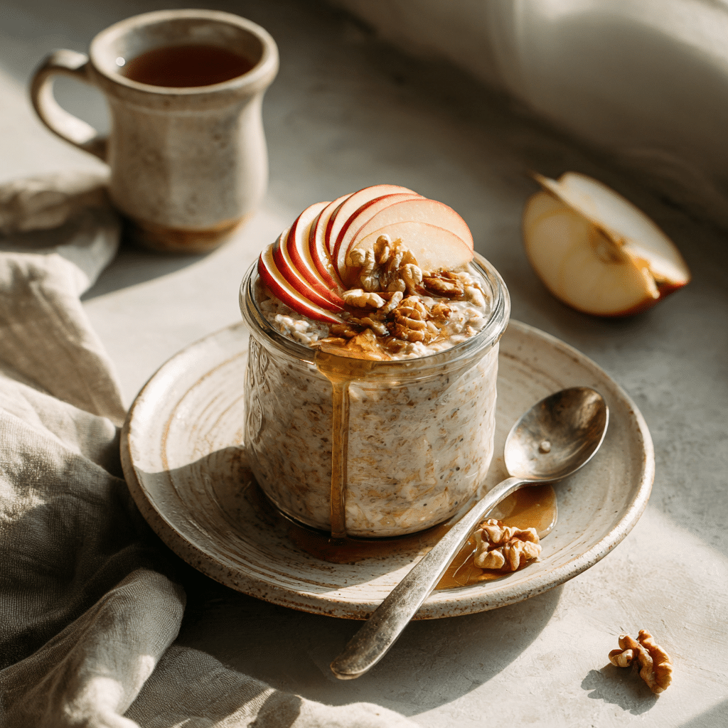 Gluten free apple cinnamon overnight oats served with toppings on a plate