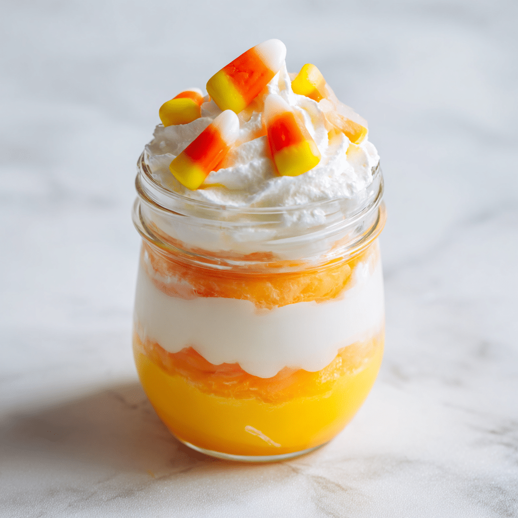 Candy Corn Parfait in Glass Jar with Whipped Cream