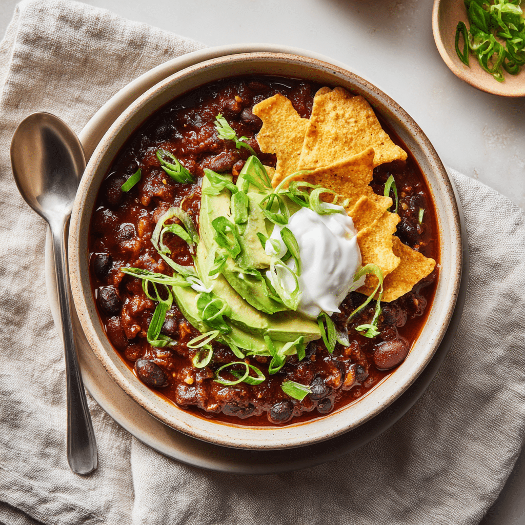 Bowl of Black Bean Bat Chili with toppings