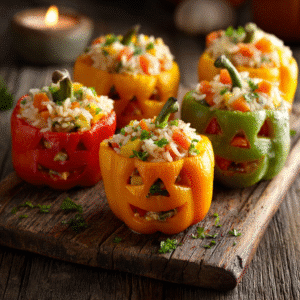 Stuffed Bell Pepper Jack O’ Lanterns on wooden board