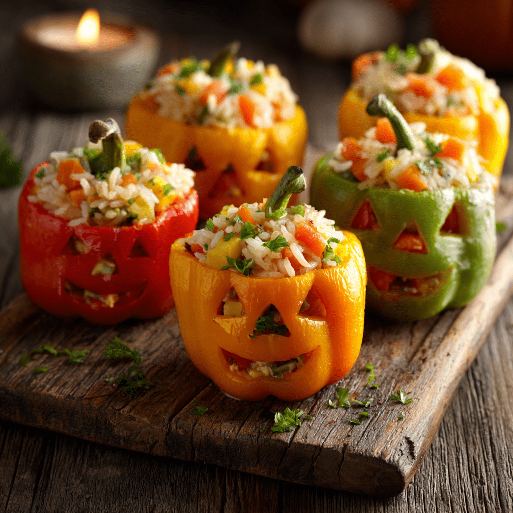 Stuffed Bell Pepper Jack O’ Lanterns on wooden board