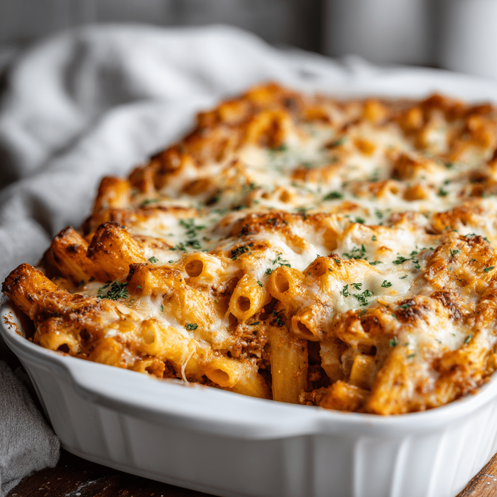 Gluten Free Baked Ziti in baking dish with dairy-free cheese
