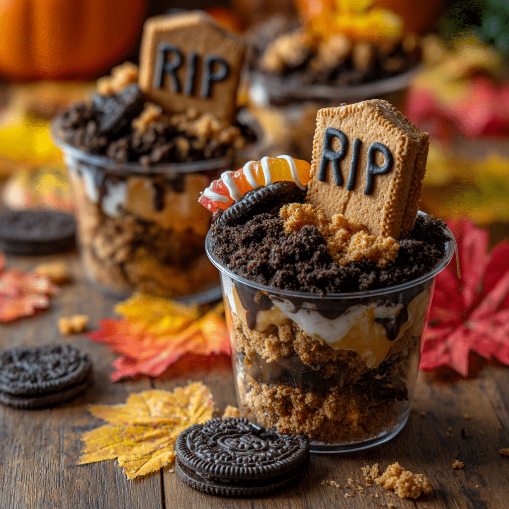 Bright close-up of Graveyard Pudding Cups Halloween dessert