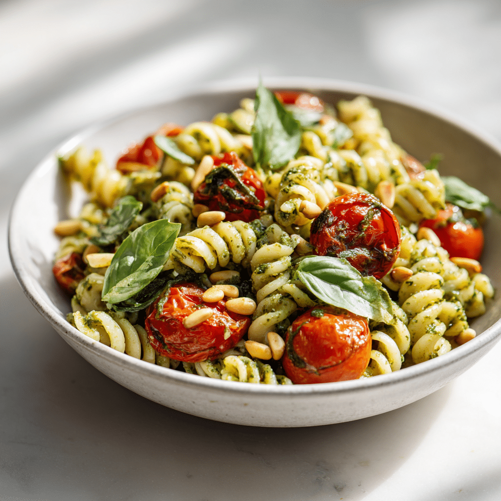 Bright and fresh easy gluten-free pesto pasta with cherry tomatoes