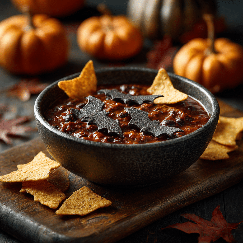 Black Bean Bat Chili in bowl with fall decor