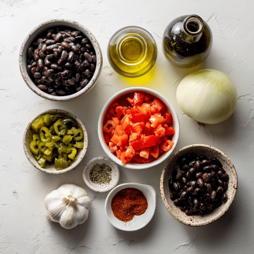 Ingredients for Black Bean Bat Chili flat lay