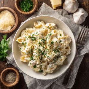 Cottage cheese Alfredo pasta in a rustic bowl