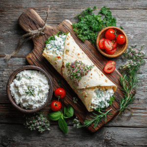 Cottage cheese wrap on wooden board with fresh herbs