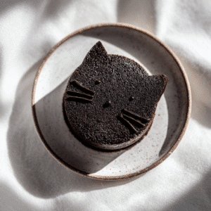 Black Cat Chocolate Cake decorated for Halloween on a rustic plate